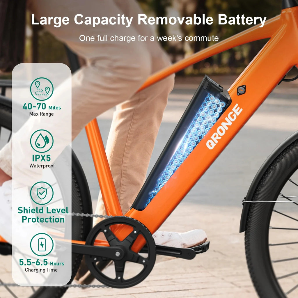 QRONGE 1000W Peak Electric Bike, 70 Mile Range, 7 Speed