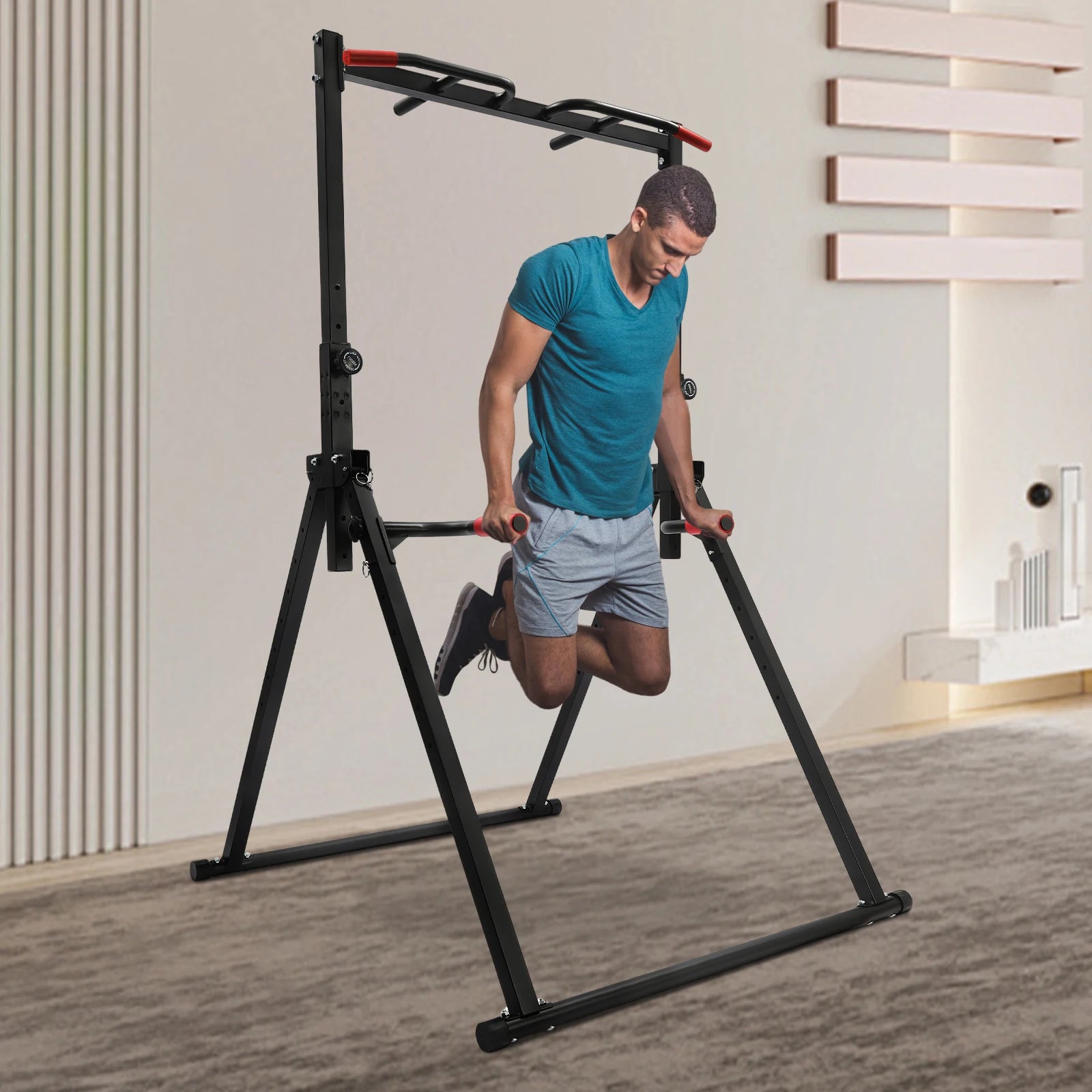 Adjustable Pull Up Bar For Home Gym 440 Lb Capacity Foldable Dip Station With Parallel Bars For Full Body Workout