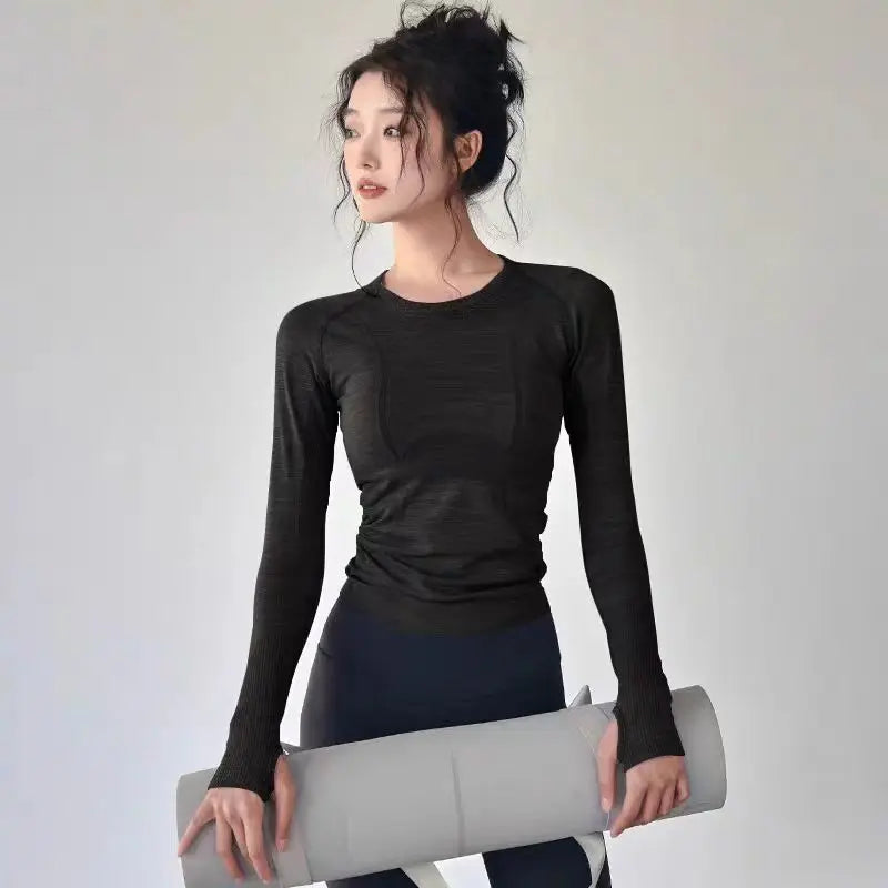 Women's Yoga Top Round Neck Seamless Long Sleeve Shirt
