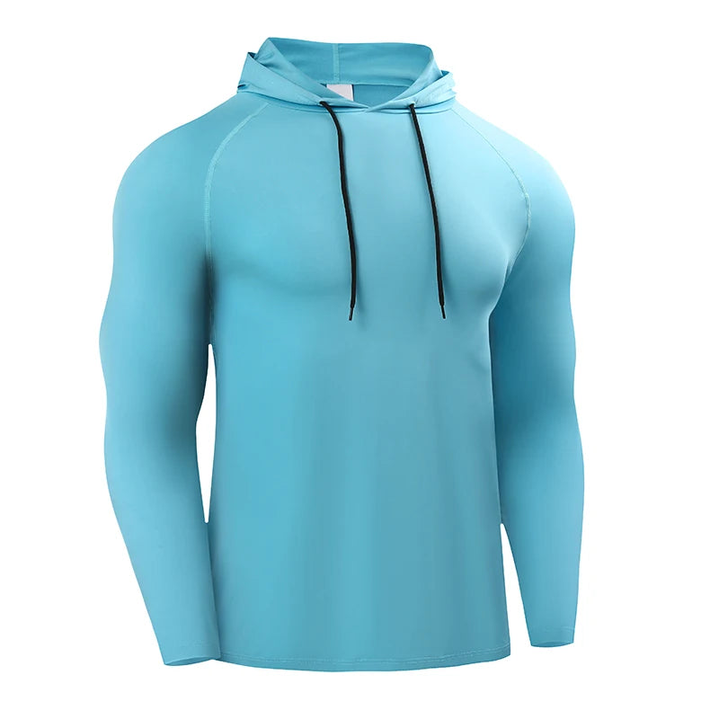 Men Running Long Sleeve Hooded Shirt Elastic Jersey Gym Top