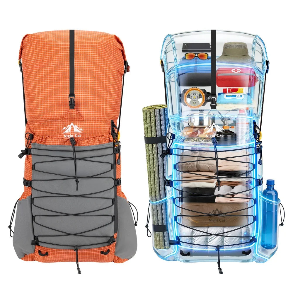 Night Cat Internal-Frame Hiking Backpack with Roll Top Rain Cover