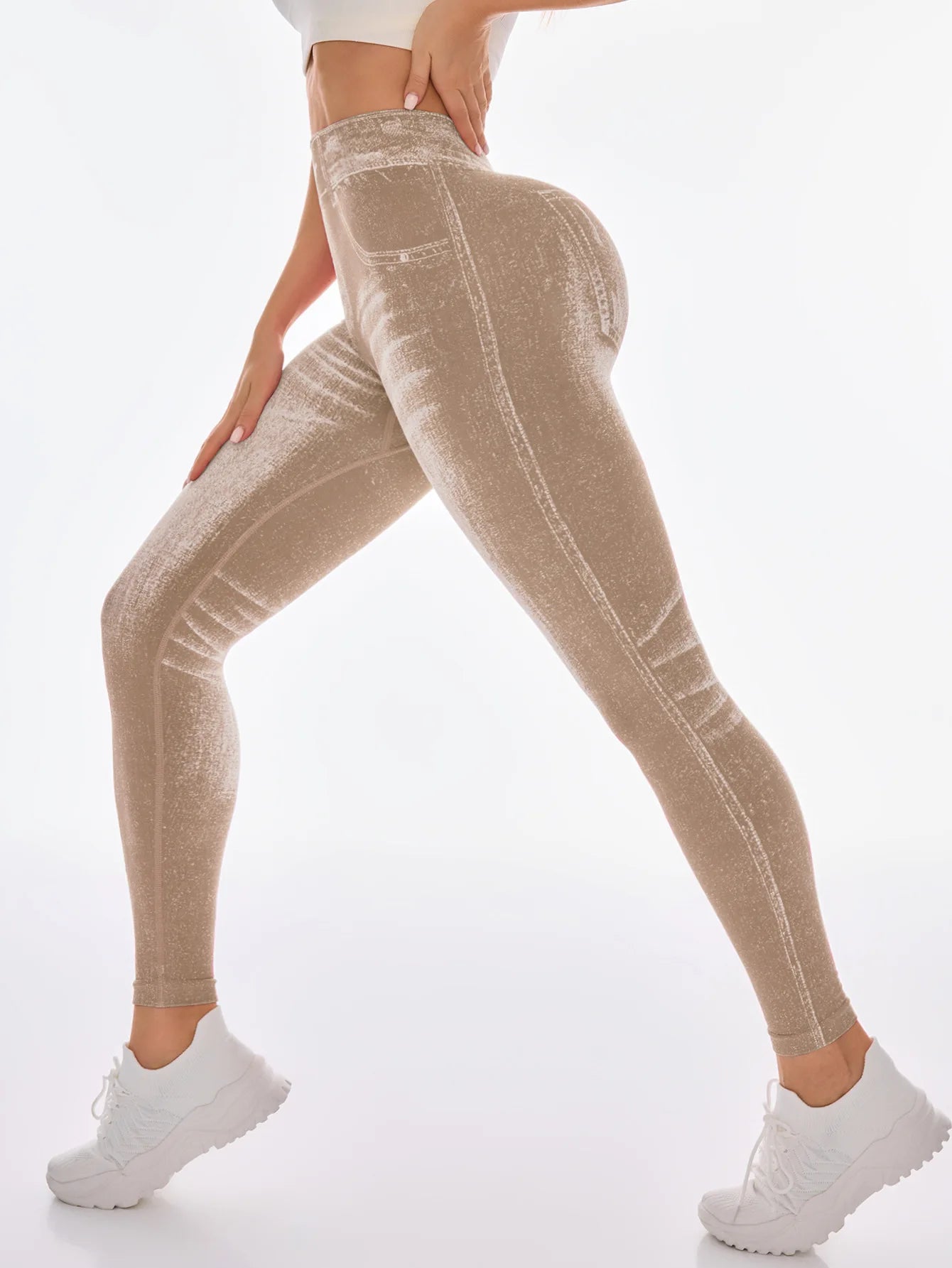 Women Faux Jeans Style Yoga Leggings Skinny Seamless Satin Polyester Outdoor Fitness