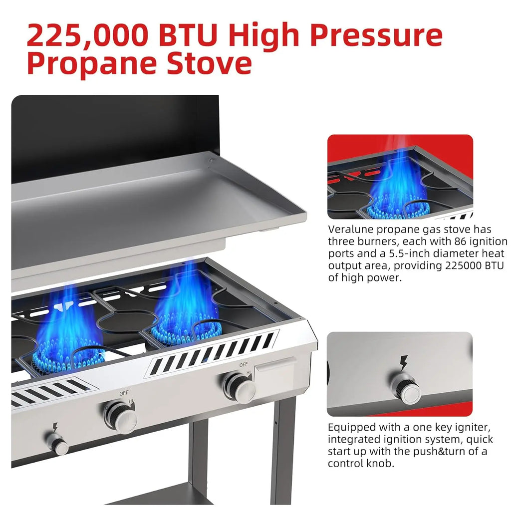 Flat Top Griddle Grill With Auto Ignition Propane 3 Burners