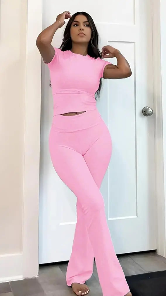 Two-Piece Women's Yoga Set Short-Sleeve Top Flared Trousers