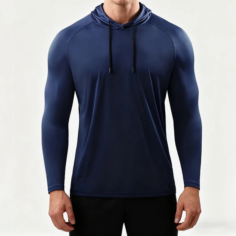 Men Running Long Sleeve Hooded Shirt Elastic Jersey Gym Top