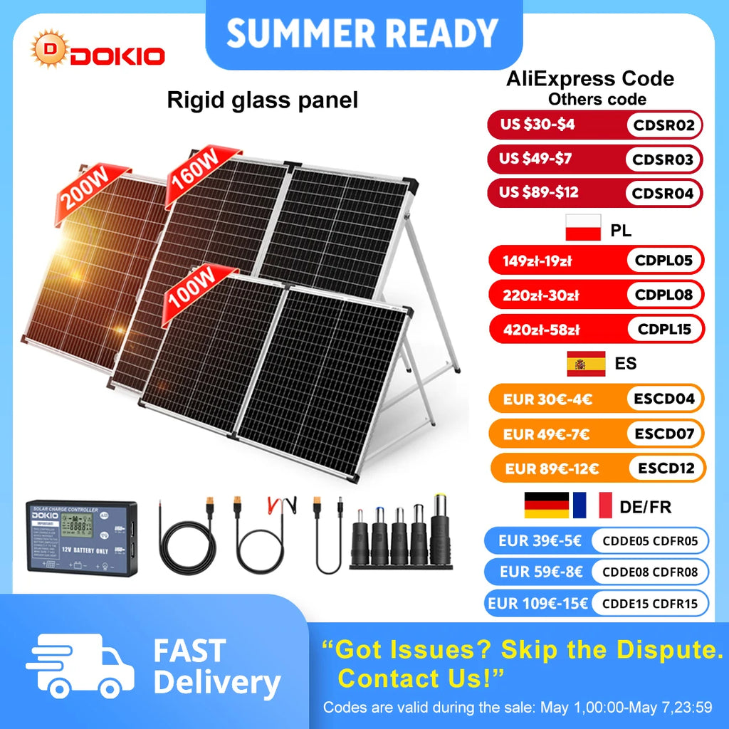 Dokio Foldable Solar Panel Suitcase for RV Camper Van Off Grid System, Monocrystalline 100W 160W 200W with 12V Controller