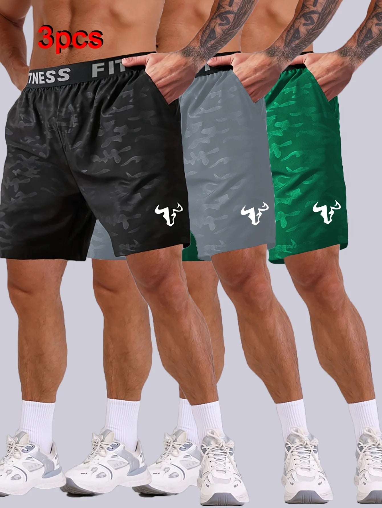 Men's Bull Print Running Shorts 3-Piece Set For Training