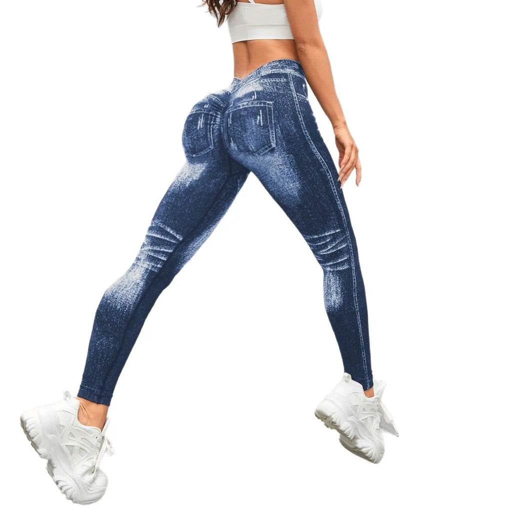 Women Faux Jeans Style Yoga Leggings Skinny Seamless Satin Polyester Outdoor Fitness