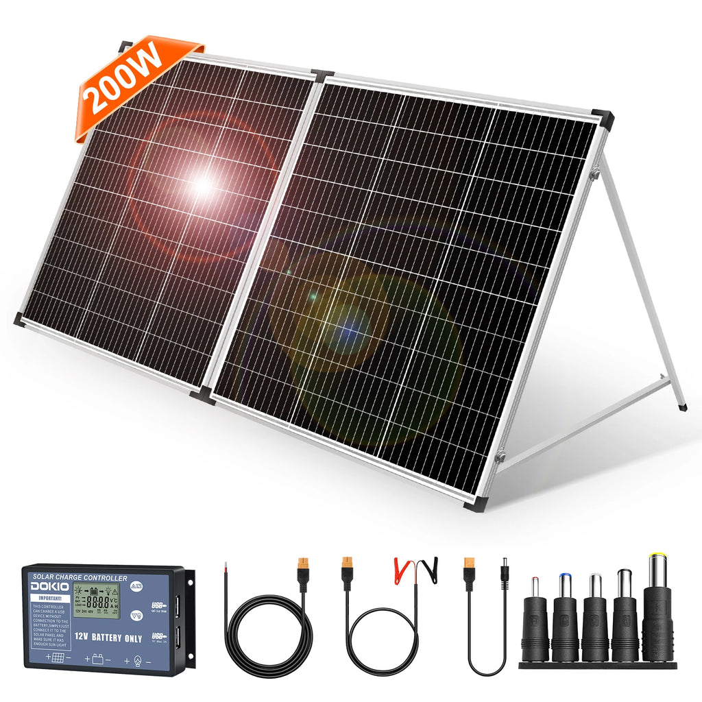 Dokio Foldable Solar Panel Suitcase for RV Camper Van Off Grid System, Monocrystalline 100W 160W 200W with 12V Controller