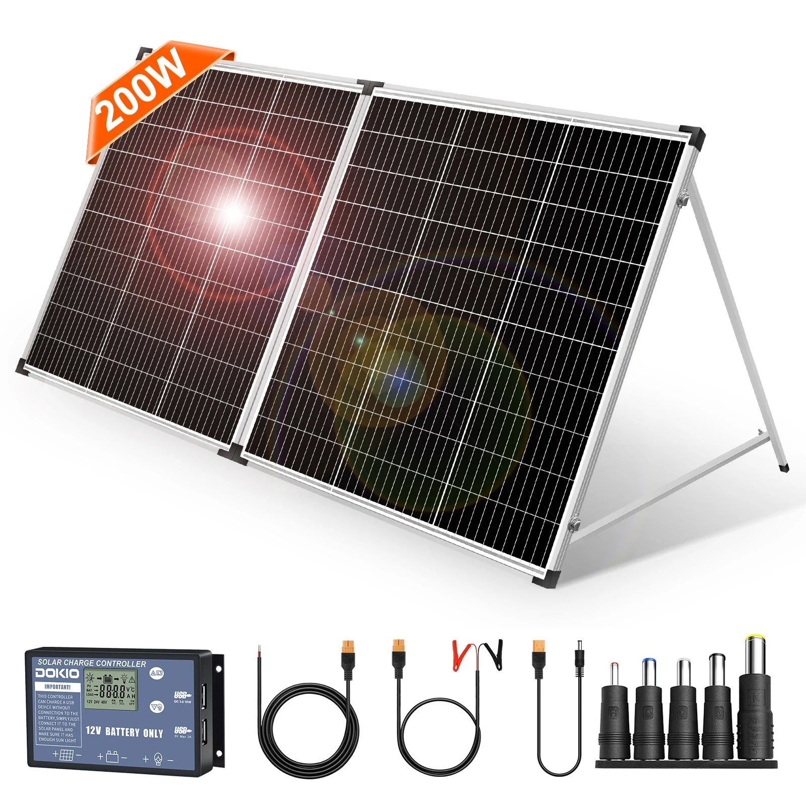 Dokio Foldable Solar Panel Suitcase for RV Camper Van Off Grid System, Monocrystalline 100W 160W 200W with 12V Controller