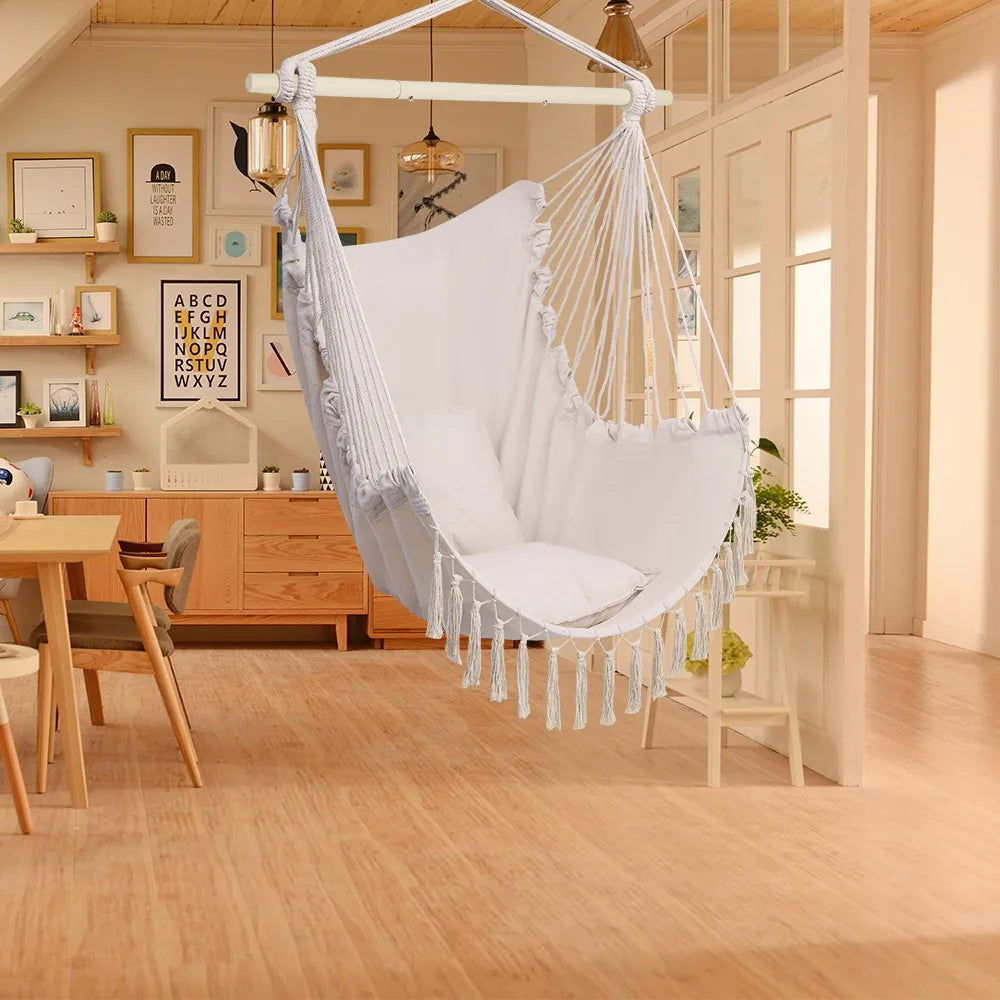 Hanging Rope Hammock Sitting Chair Garden Patio Camping Porch Swing /w 2 Pillows