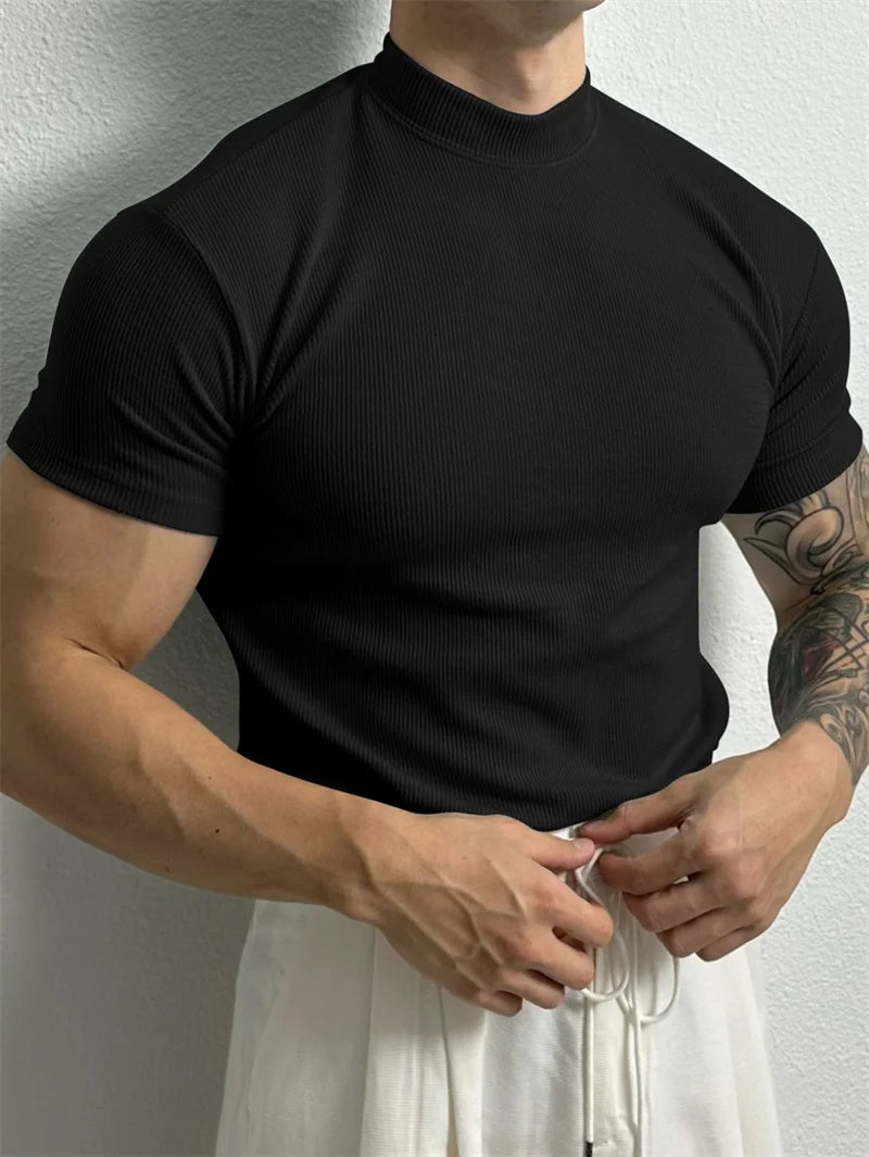 Men's High Collar Stripe T Shirt Short Sleeve Sportswear