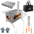 Industrial-Grade Wood-Burning Tent Stove With Stainless Steel Chimney Pipes Outdoors