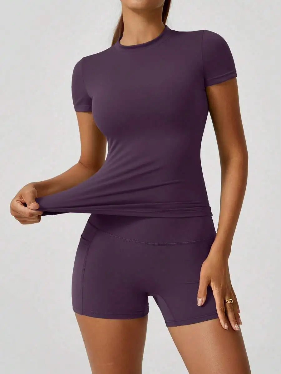 Women Short Sleeve High Waist Tummy Control Butt Lifting Set