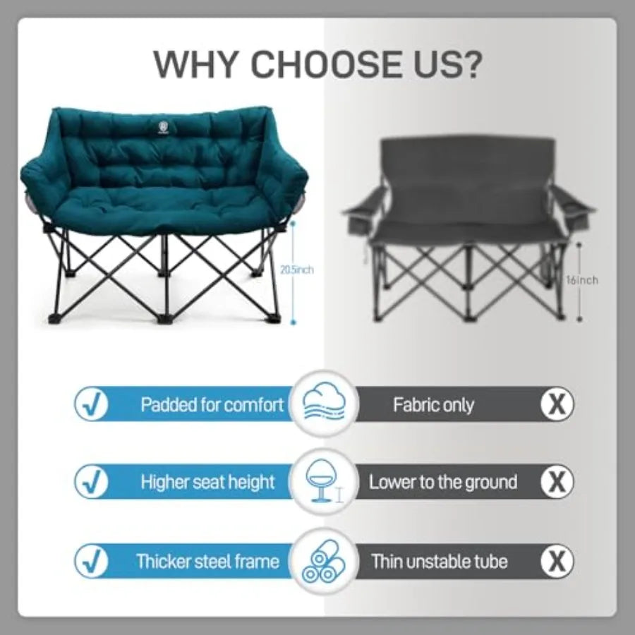 Outdoor double camping chair for adults, heavy-duty green polyester fabric with padded cushion, supports 600 lbs, includes side