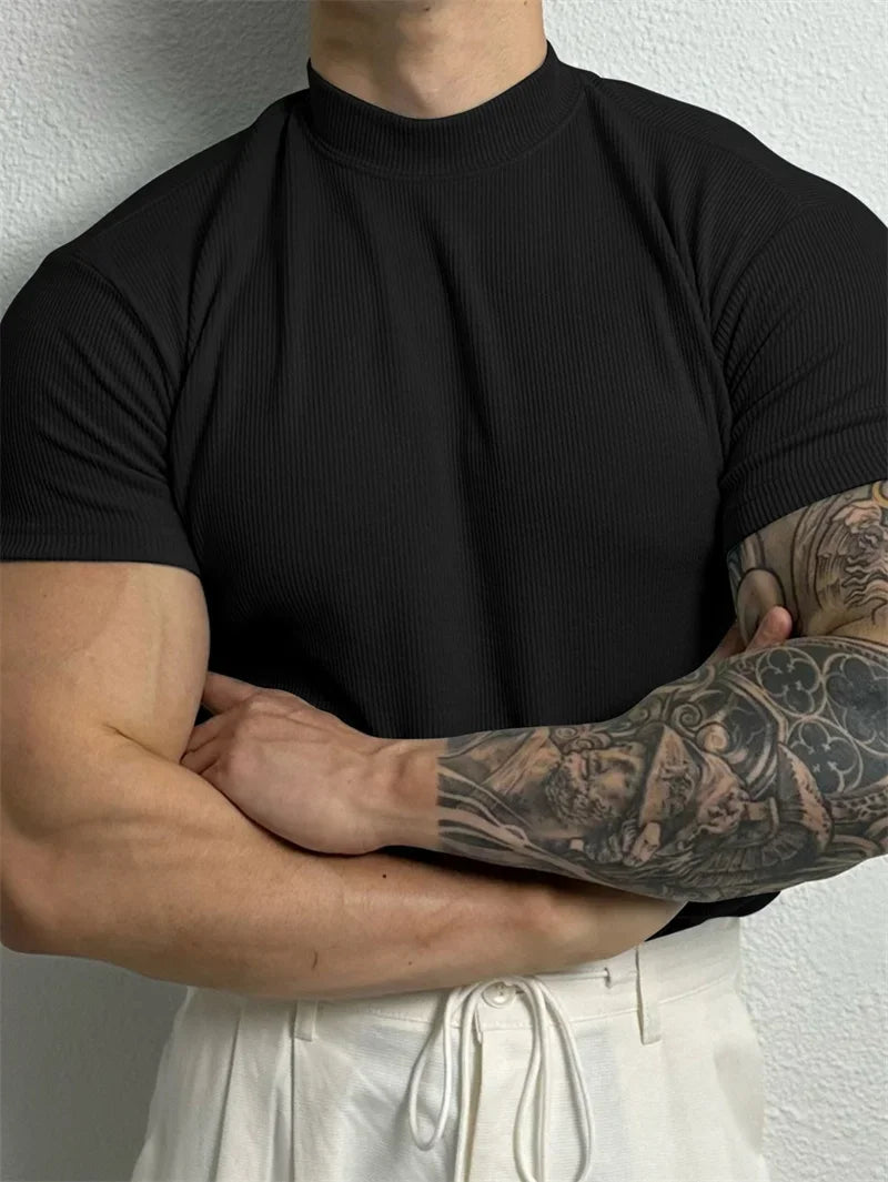 Men's High Collar Stripe T Shirt Short Sleeve Sportswear