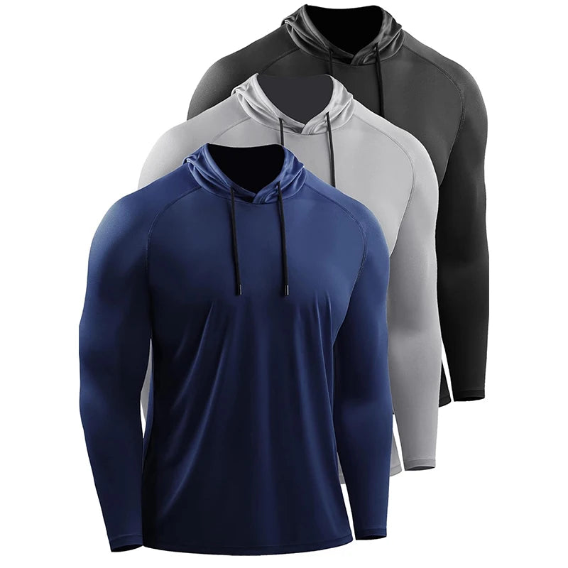 Men Running Long Sleeve Hooded Shirt Elastic Jersey Gym Top