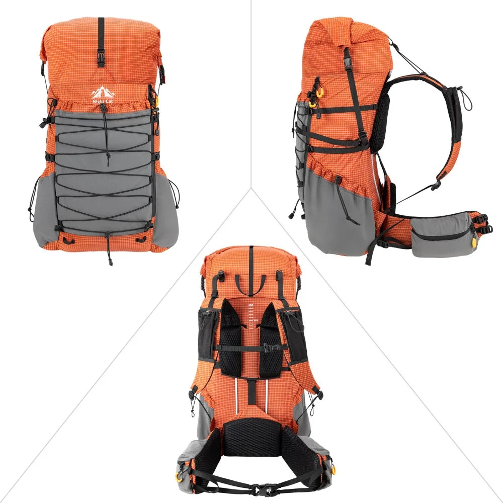 Night Cat Internal-Frame Hiking Backpack with Roll Top Rain Cover