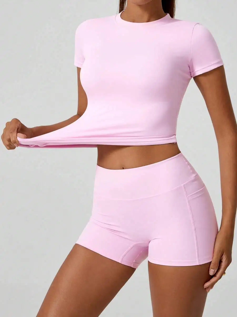 Women Short Sleeve High Waist Tummy Control Butt Lifting Set