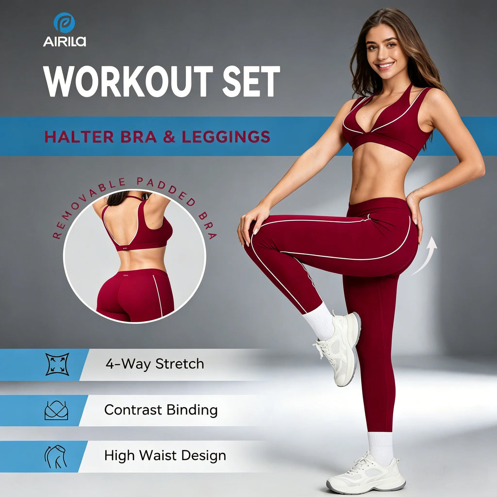 Airila Women's 2 Piece Yoga Set Halter Backless Sports Bra High Waist Leggings