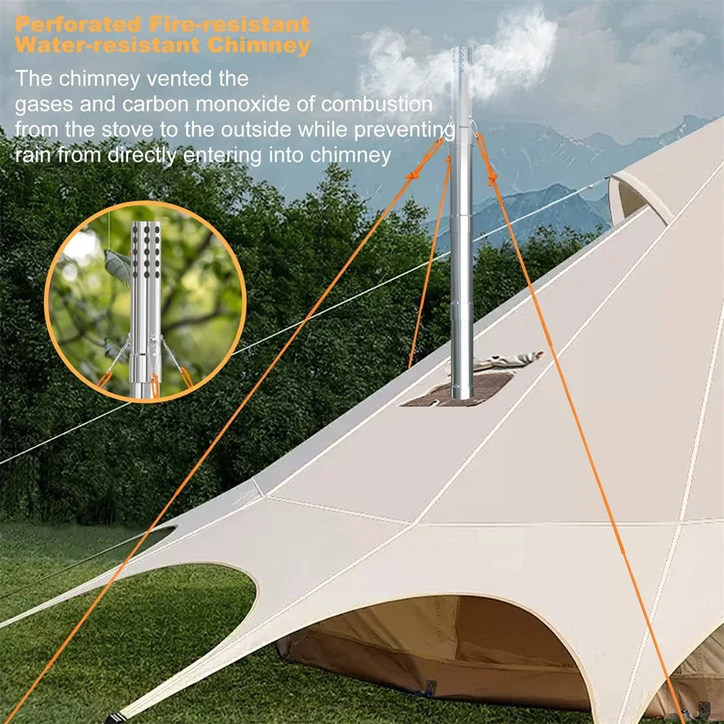 Industrial-Grade Wood-Burning Tent Stove With Stainless Steel Chimney Pipes Outdoors