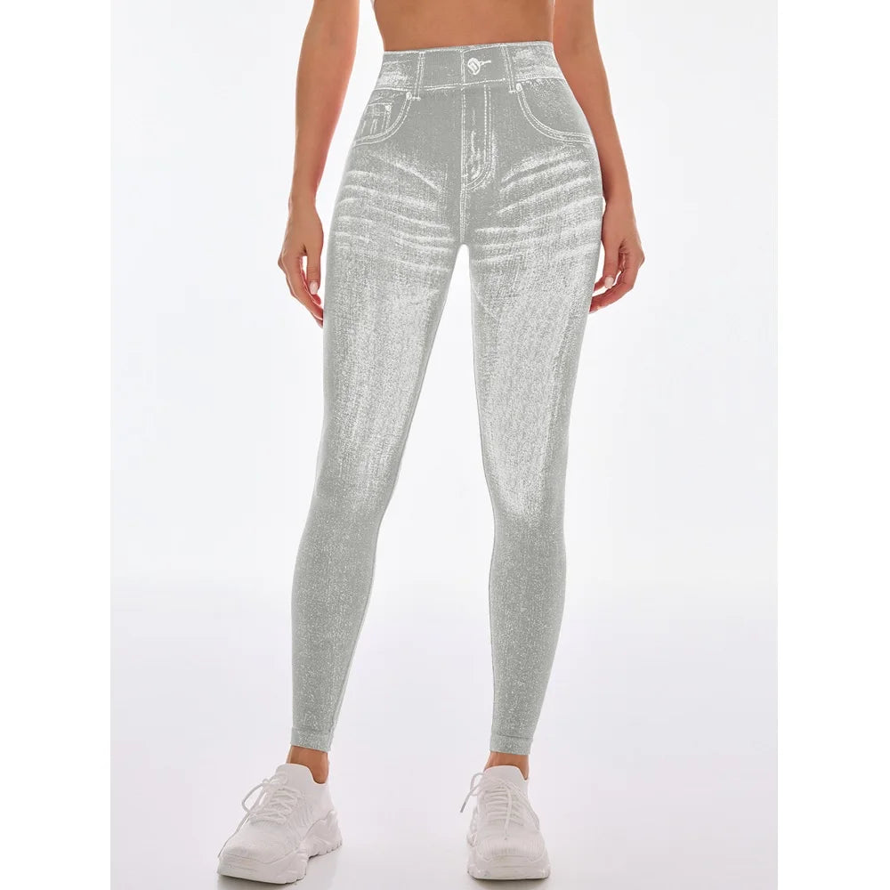 Women Faux Jeans Style Yoga Leggings Skinny Seamless Satin Polyester Outdoor Fitness
