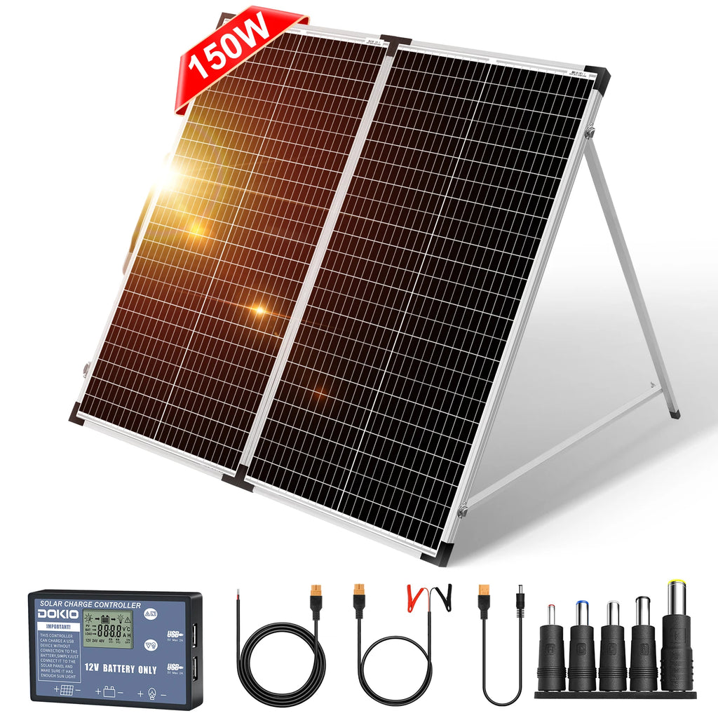 Dokio Foldable Solar Panel Suitcase for RV Camper Van Off Grid System, Monocrystalline 100W 160W 200W with 12V Controller
