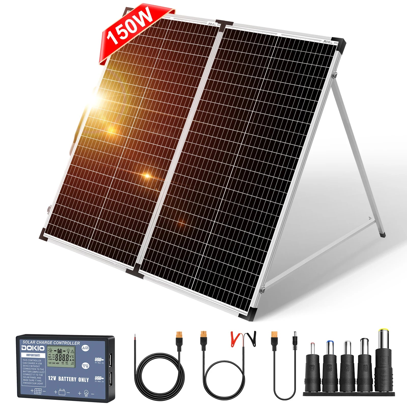 Dokio Foldable Solar Panel Suitcase for RV Camper Van Off Grid System, Monocrystalline 100W 160W 200W with 12V Controller