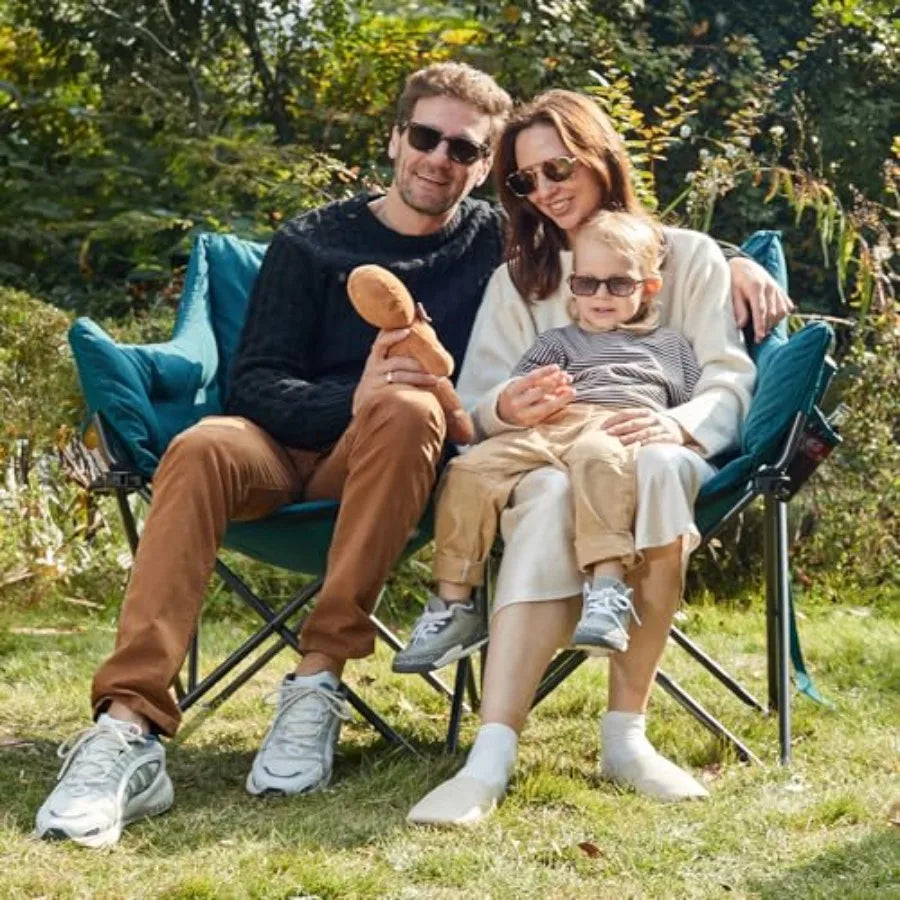 Outdoor double camping chair for adults, heavy-duty green polyester fabric with padded cushion, supports 600 lbs, includes side
