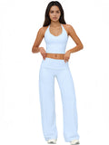 Airila 2 Piece Halter V Neck Yoga Set, Backless Crop Top Fold over Waist Flared Pants Tummy Control Athleisure Outfit Workout