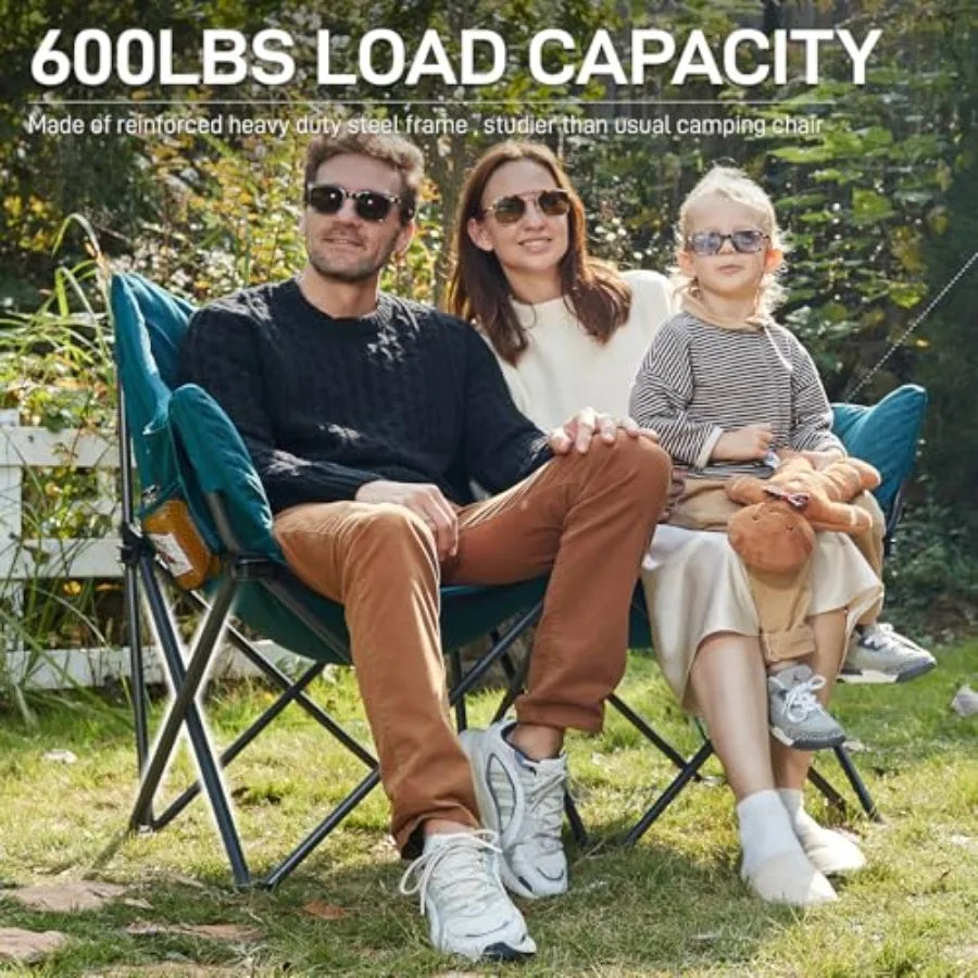 Outdoor double camping chair for adults, heavy-duty green polyester fabric with padded cushion, supports 600 lbs, includes side
