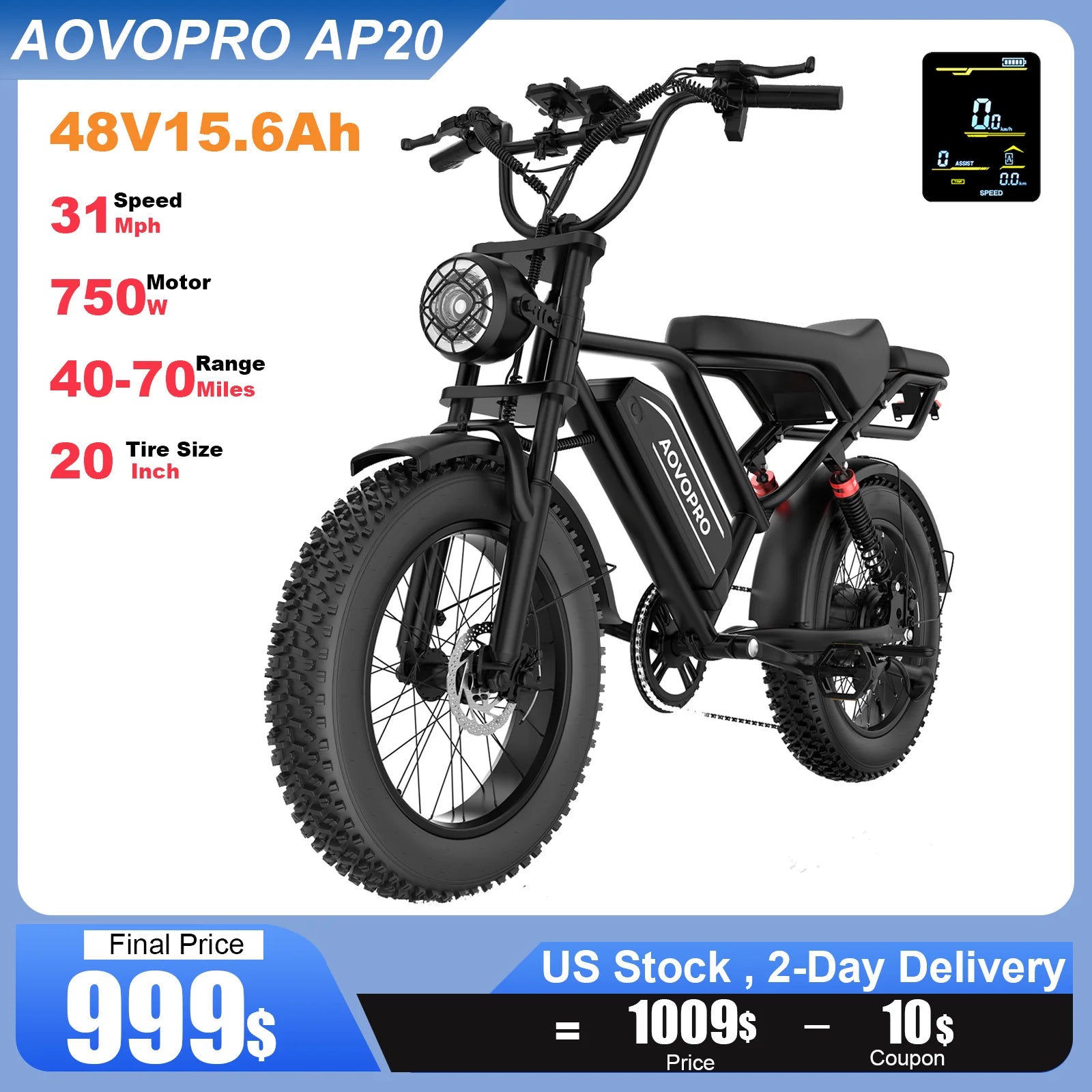 AOVOPRO AP20 Electric Scooter 1500W 48V 70 Mile Range