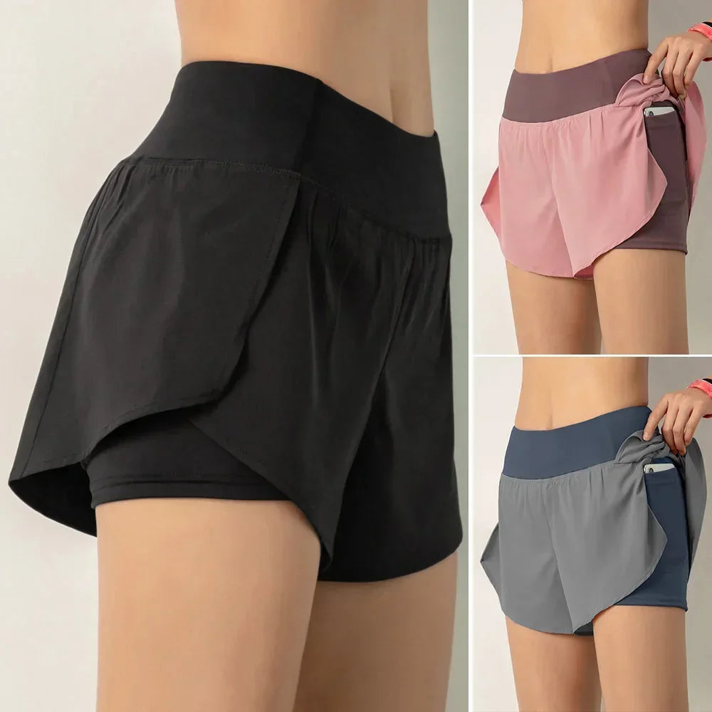 Women Running Shorts Two In One With Pocket And Wide Waistband