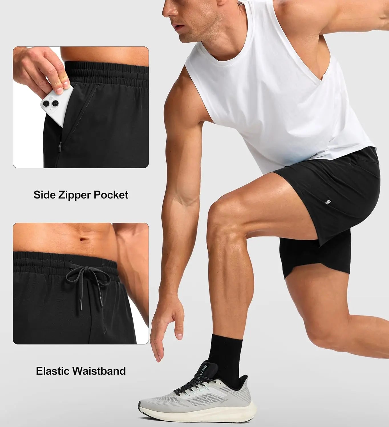 NONECN Men's Quick Dry Running Shorts With Zipper Pocket