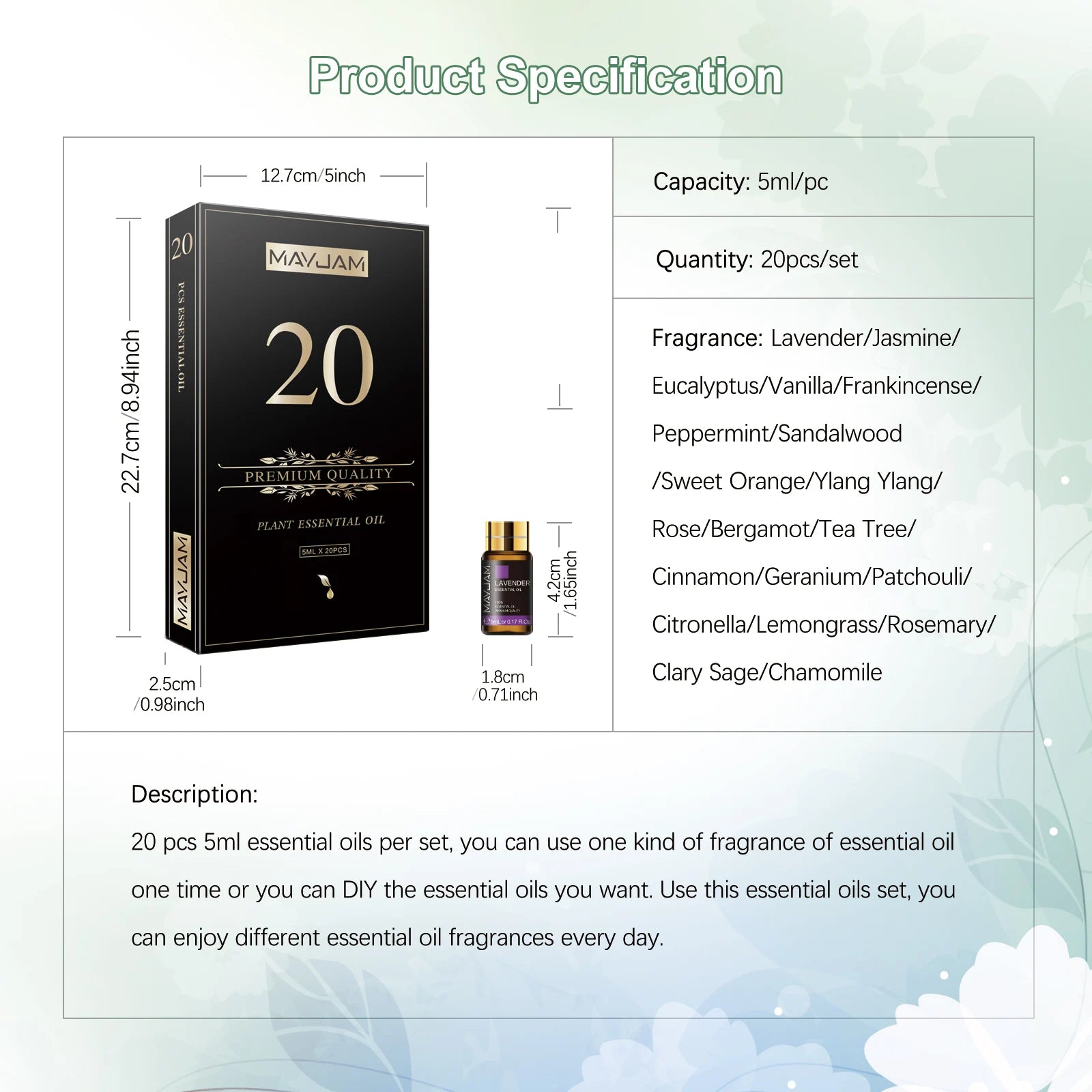 MAYJA 20pc Essential Oil Gift Box Set For Diffuser