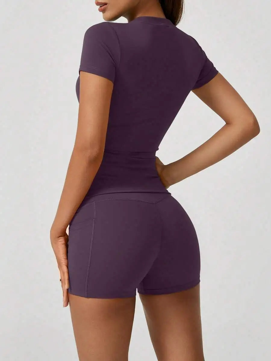 Women Short Sleeve High Waist Tummy Control Butt Lifting Set