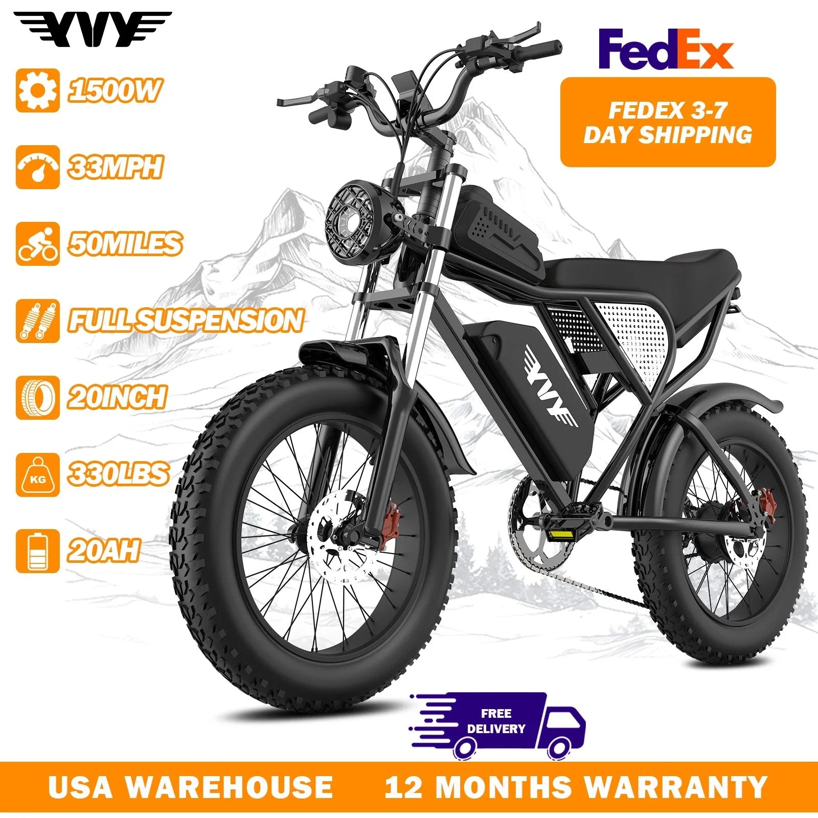 YVY K20 1500W Electric Bike for Adults Fat Tire Range