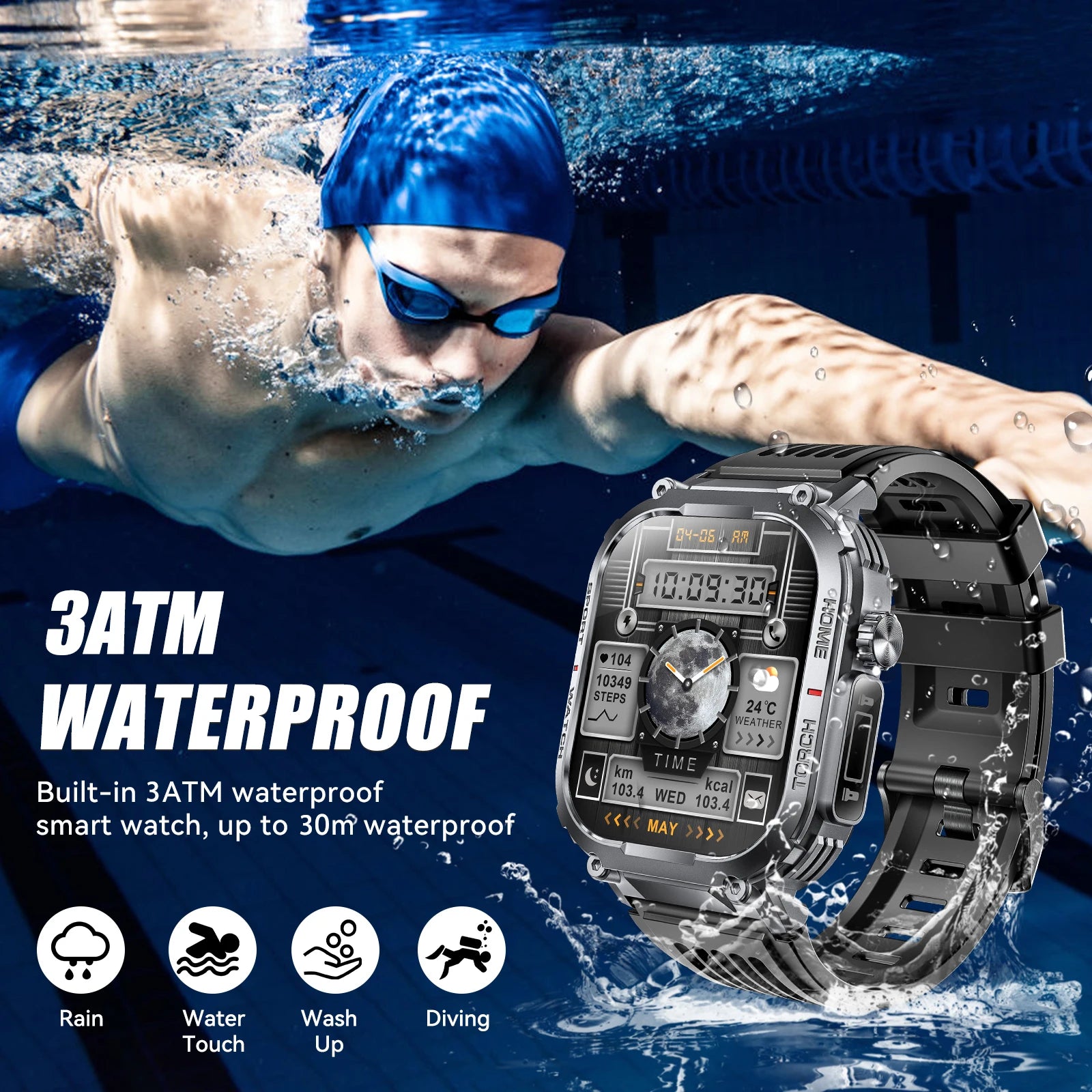 EIGIIS Smart Watch Men 3ATM Waterproof Heart Rate Fitness Tracker