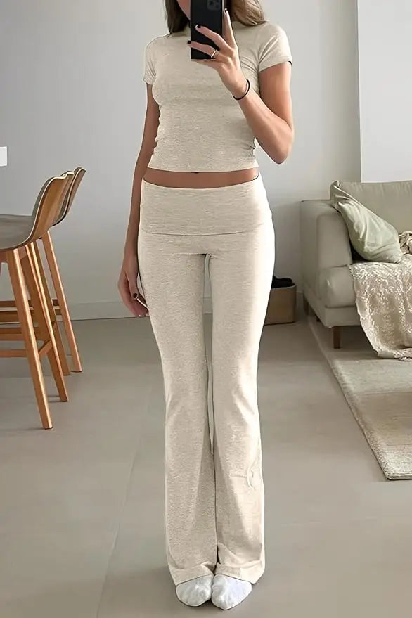 Two-Piece Women's Yoga Set Short-Sleeve Top Flared Trousers