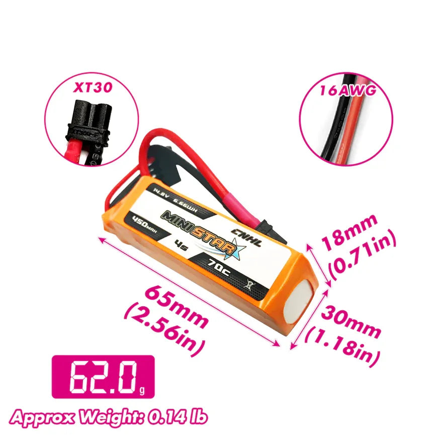 CNHL LiPo Battery 4S 14.8V 450mAh 70C MiniStar XT30U Pack