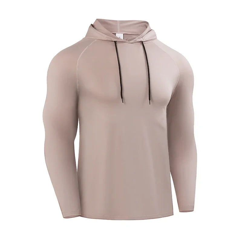 Men Running Long Sleeve Hooded Shirt Elastic Jersey Gym Top