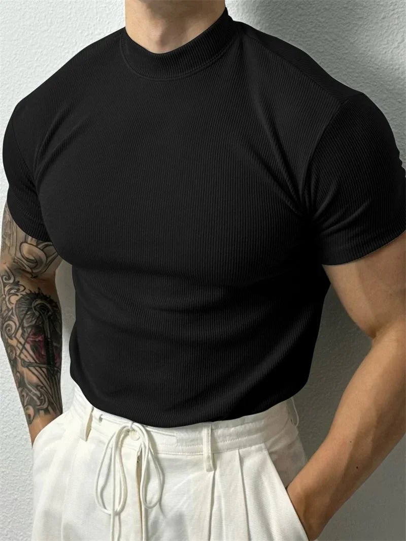 Men's High Collar Stripe T Shirt Short Sleeve Sportswear