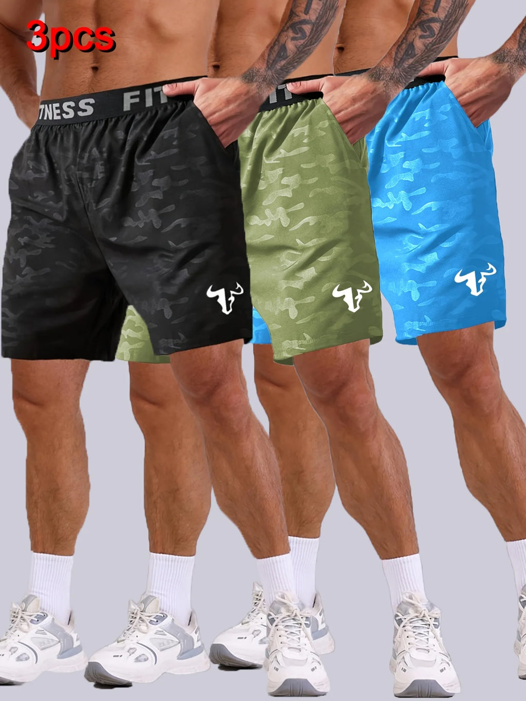 Men's Bull Print Running Shorts 3-Piece Set For Training