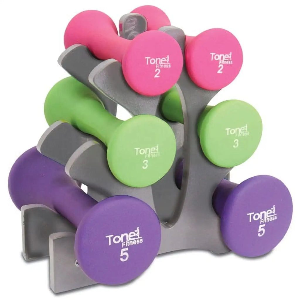 Hourglass Neoprene Dumbbell Set With Non Slip Grips And A Frame Stand For Home Gym And Strength Training