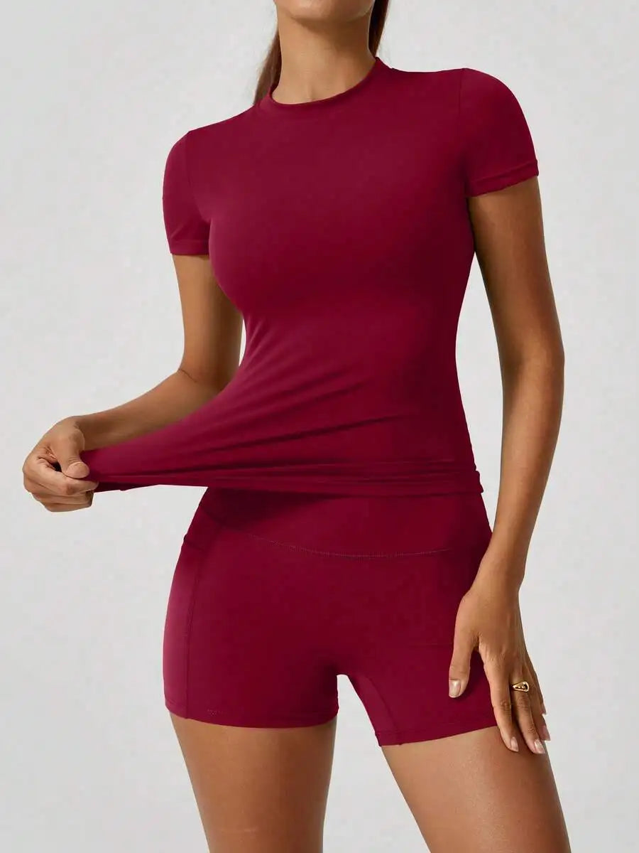 Women Short Sleeve High Waist Tummy Control Butt Lifting Set