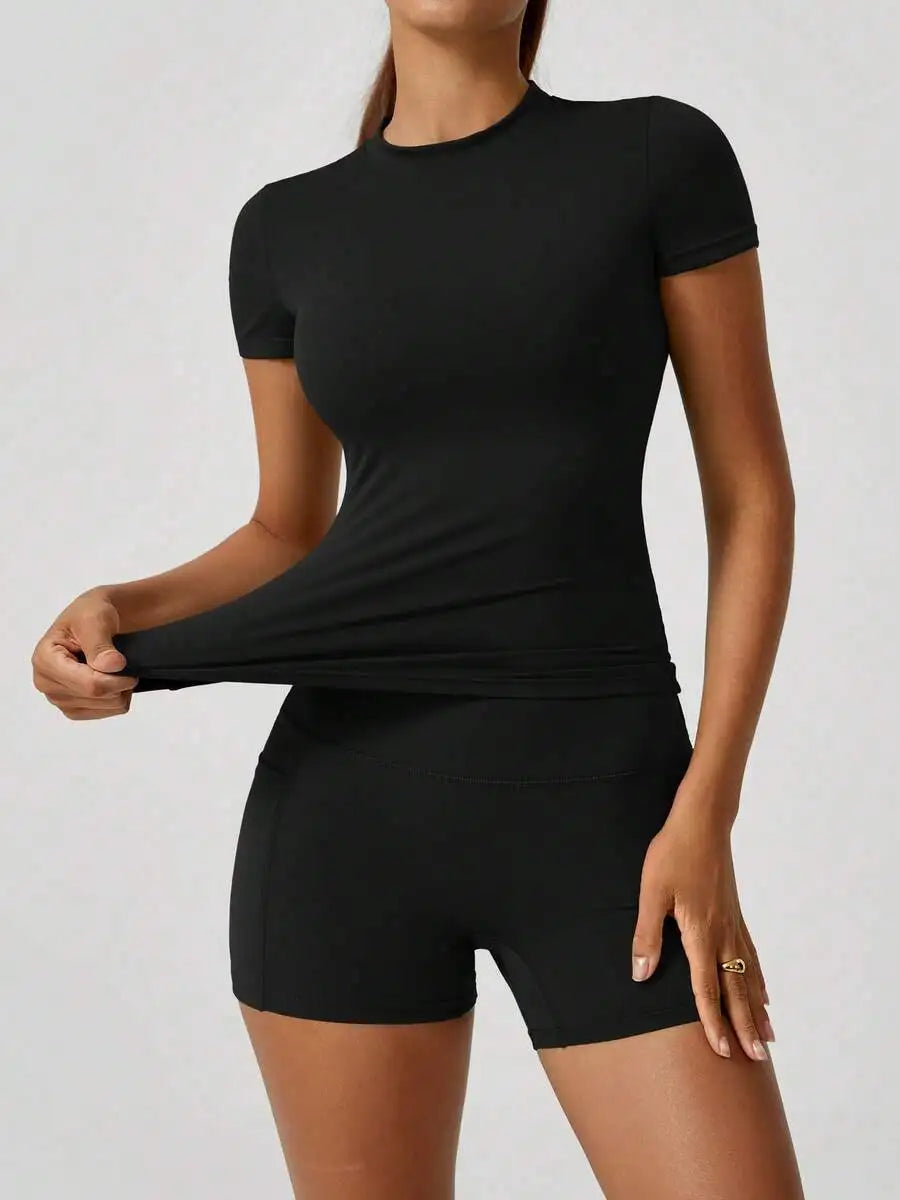 Women Short Sleeve High Waist Tummy Control Butt Lifting Set