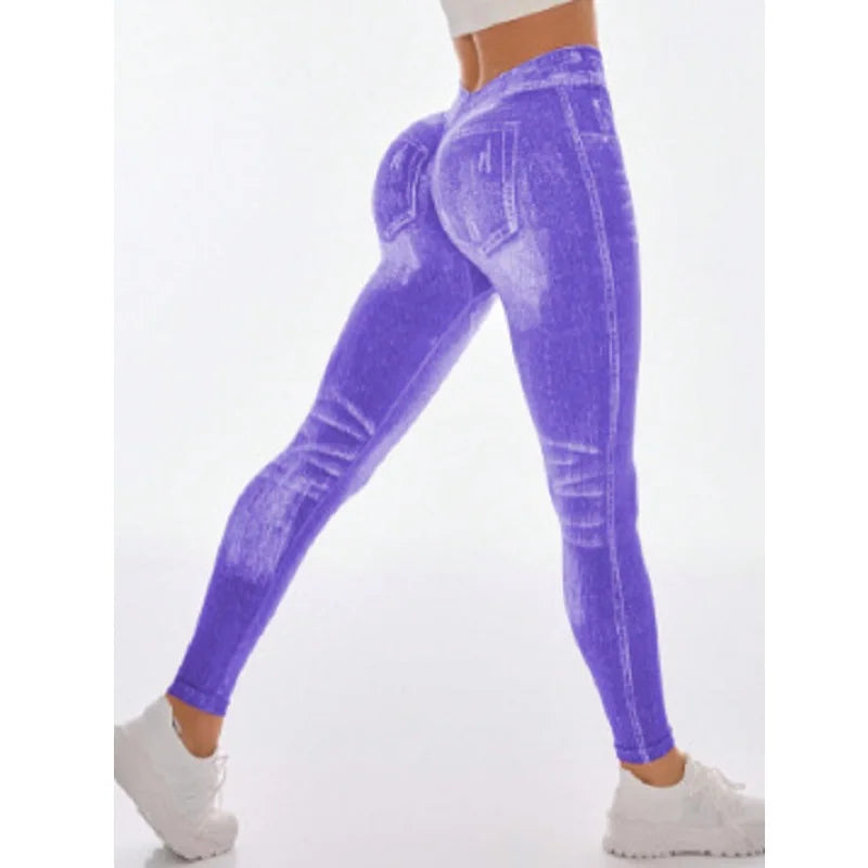 Women Faux Jeans Style Yoga Leggings Skinny Seamless Satin Polyester Outdoor Fitness