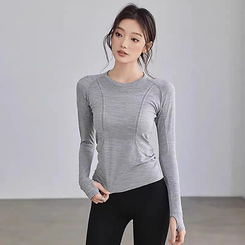 Women's Yoga Top Round Neck Seamless Long Sleeve Shirt