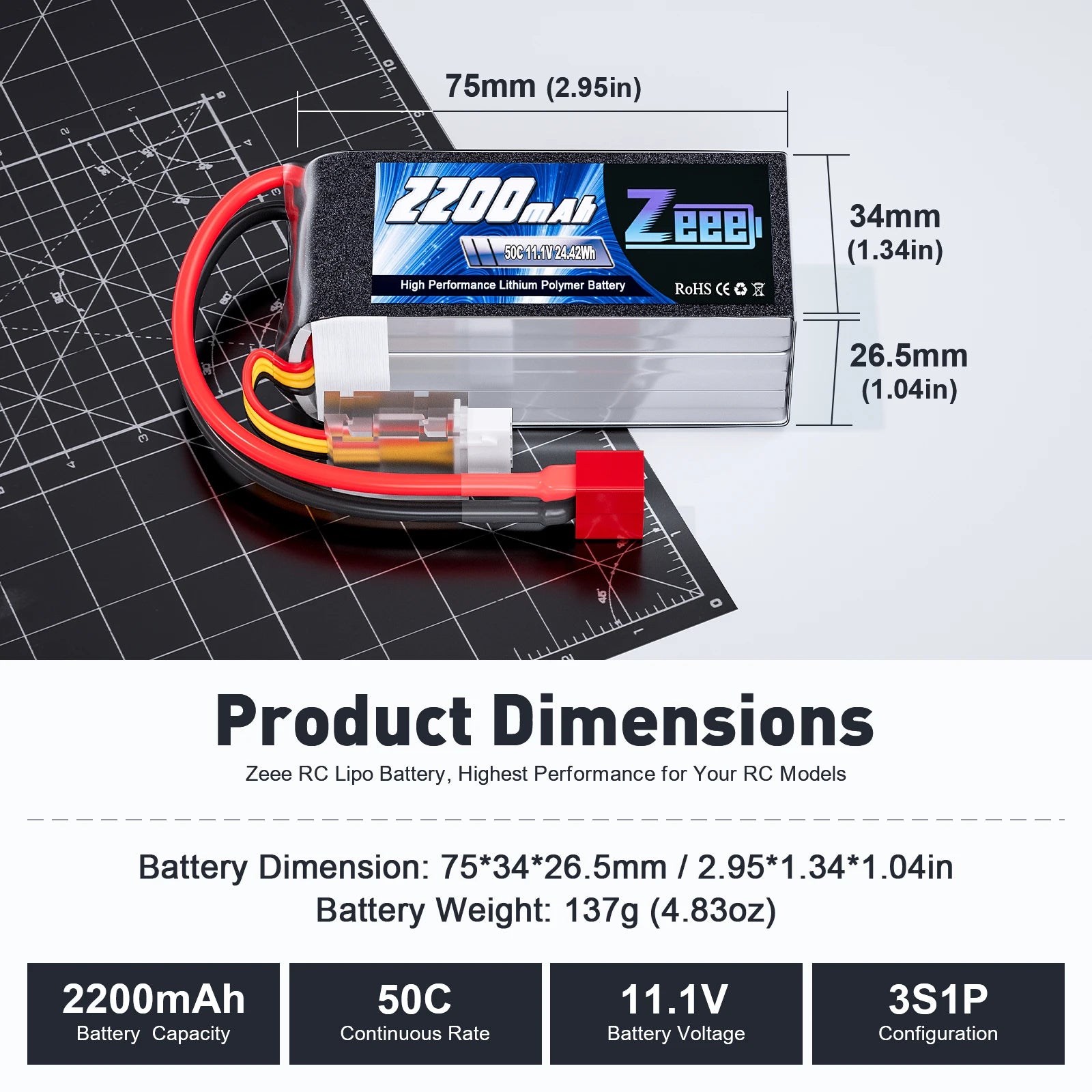ZEEE 3S 2200mAh Shorty LiPo Battery 11.1V 50C XT60 Plug