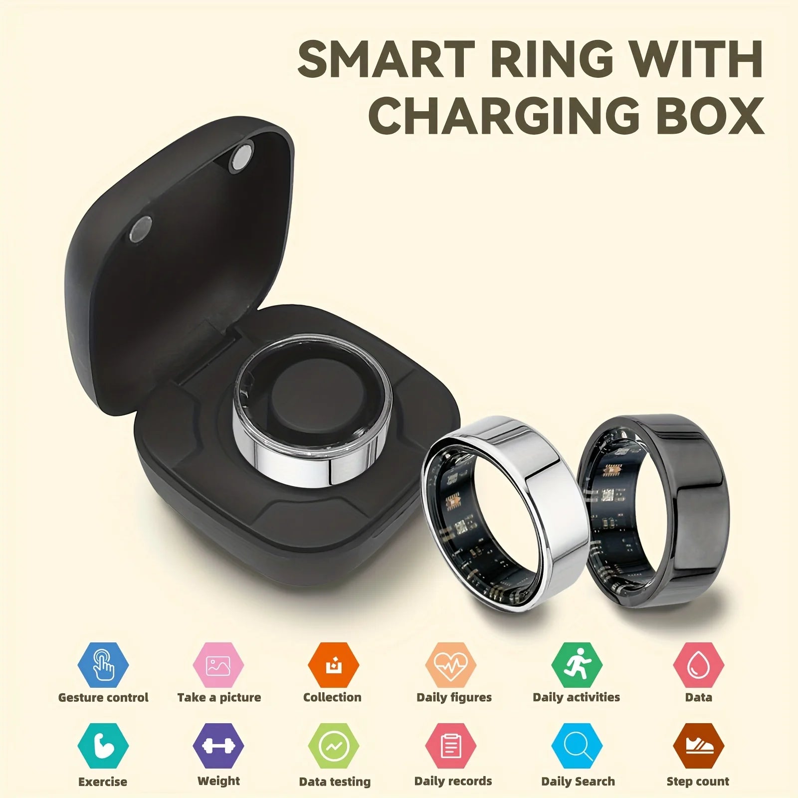 Odelettevcy Smart Ring Health Tracker Heart Rate SpO2 IP68 Waterproof